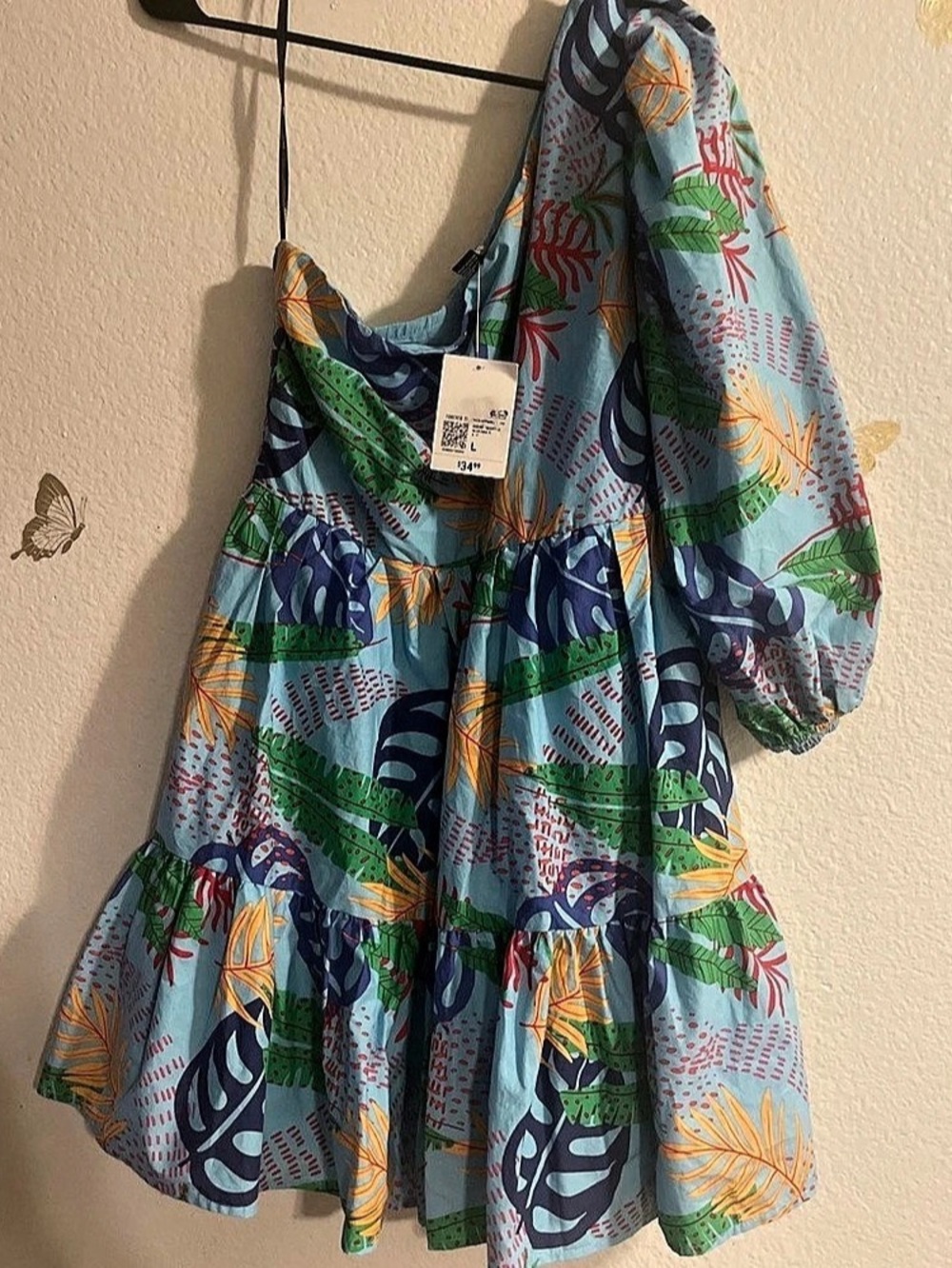 Forever 21 Tropical One Shoulder Mini Dress Blue & Green Large